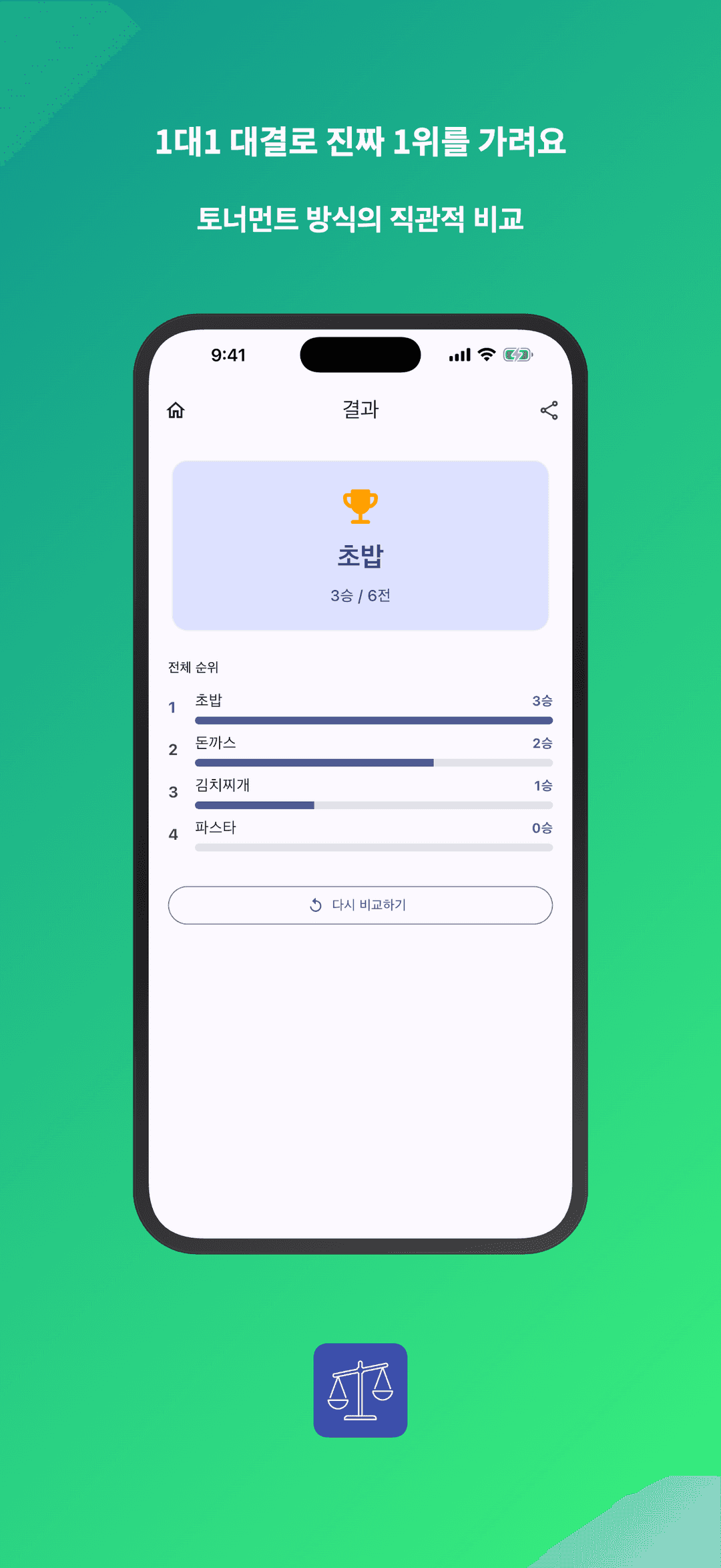토너먼트 방식의 직관적 비교
